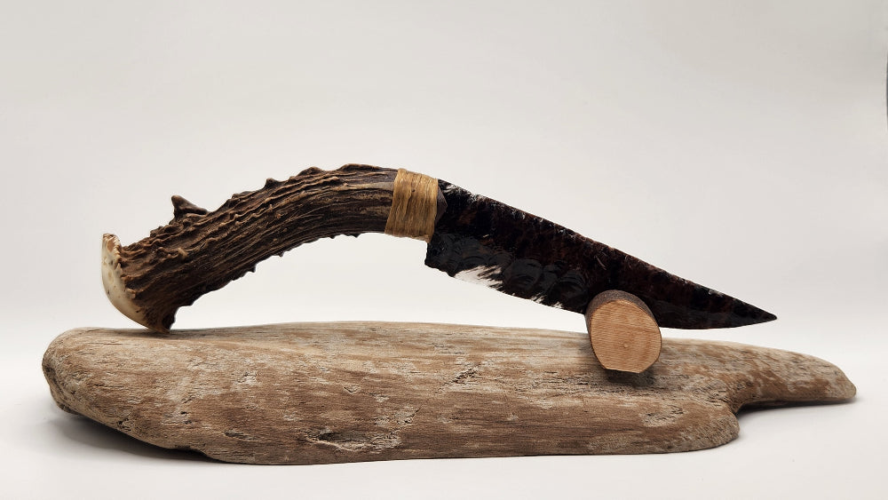 Tri color Obsidian Stone Knife +Deer Antler