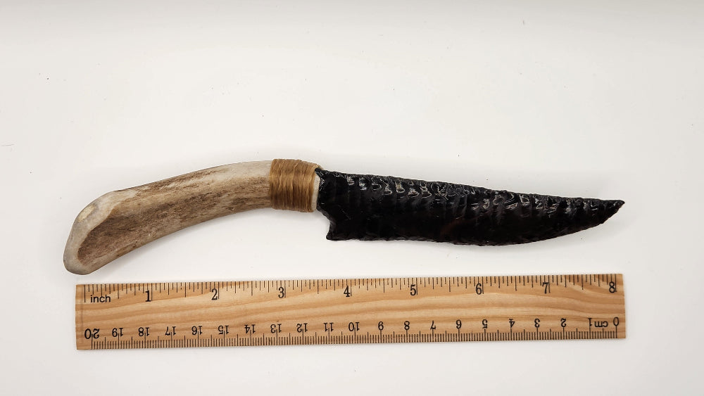 Black Obsidian Stone Knife +Deer Antler