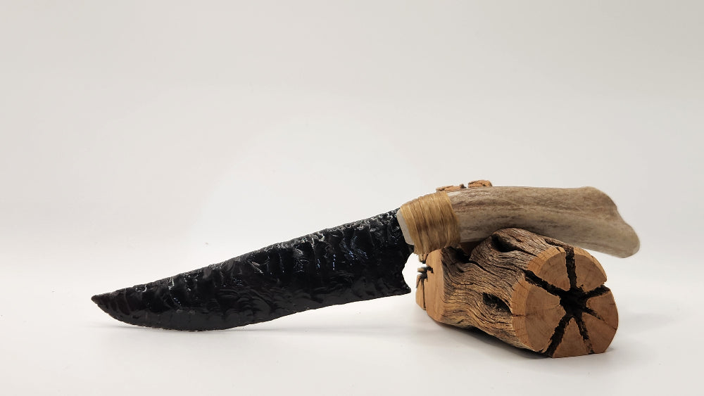 Black Obsidian Stone Knife +Deer Antler