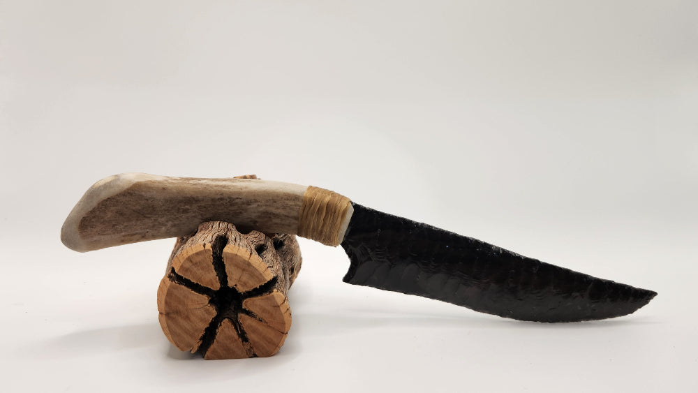 Black Obsidian Stone Knife +Deer Antler