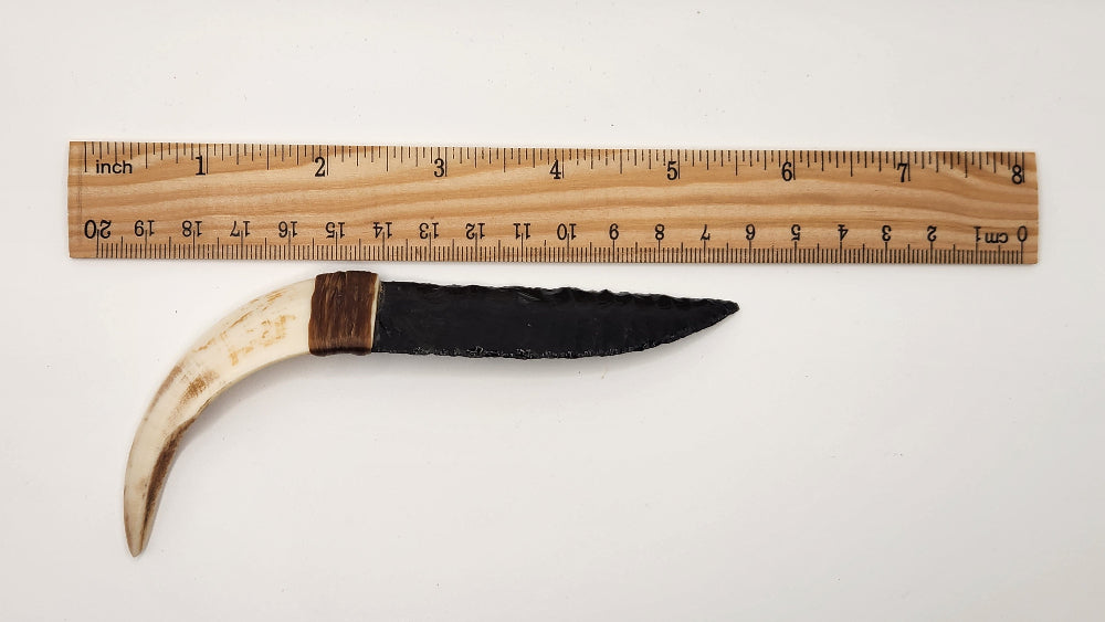 Black Transparent Obsidian Stone Knife + Animal Tusk