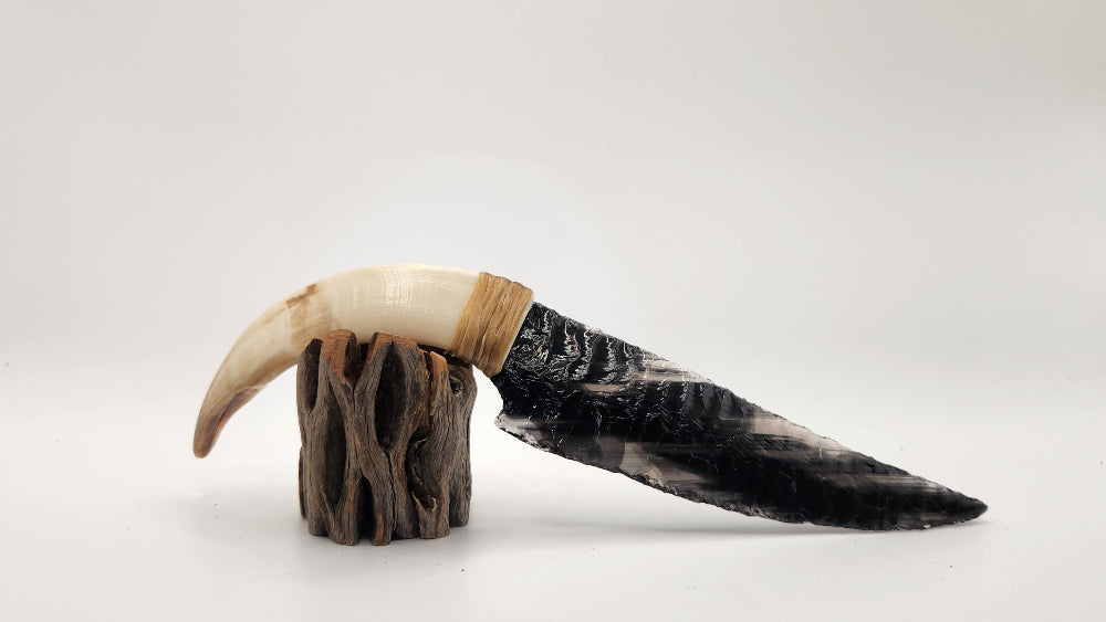 Black Transparent Obsidian Stone Knife + Animal Tusk
