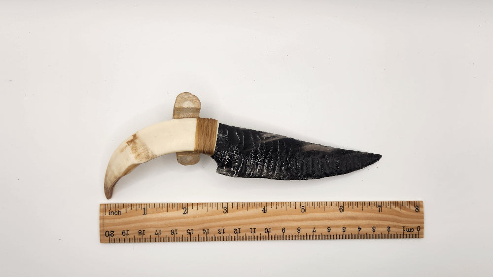 Black Transparent Obsidian Stone Knife + Animal Tusk