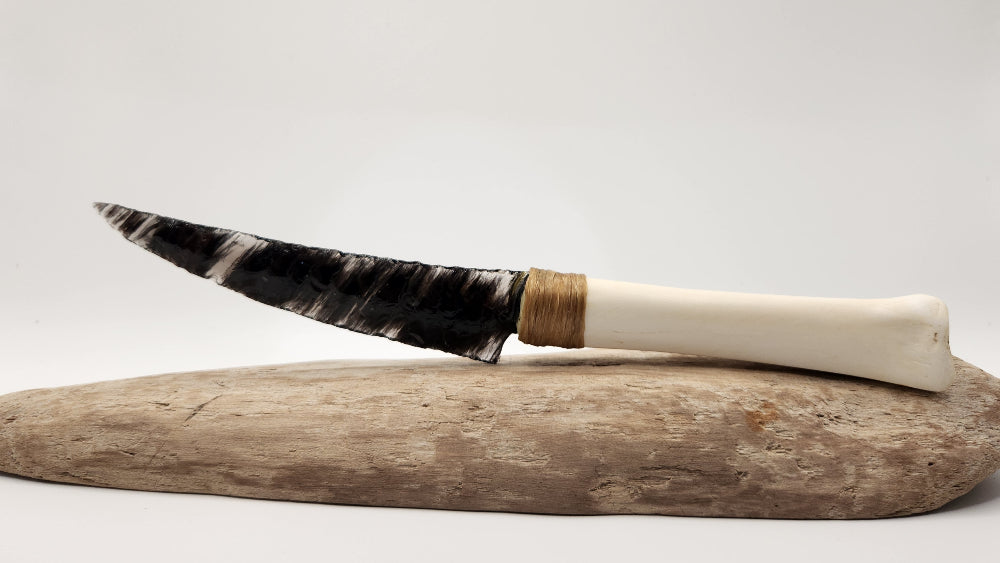Black Transparent Obsidian Stone Knife + Animal Bone