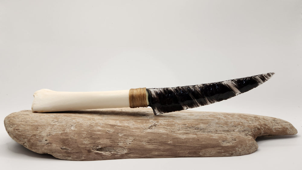 Black Transparent Obsidian Stone Knife + Animal Bone