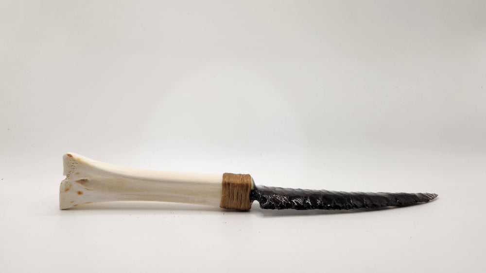 Black Transparent Obsidian Stone Knife + Animal Bone