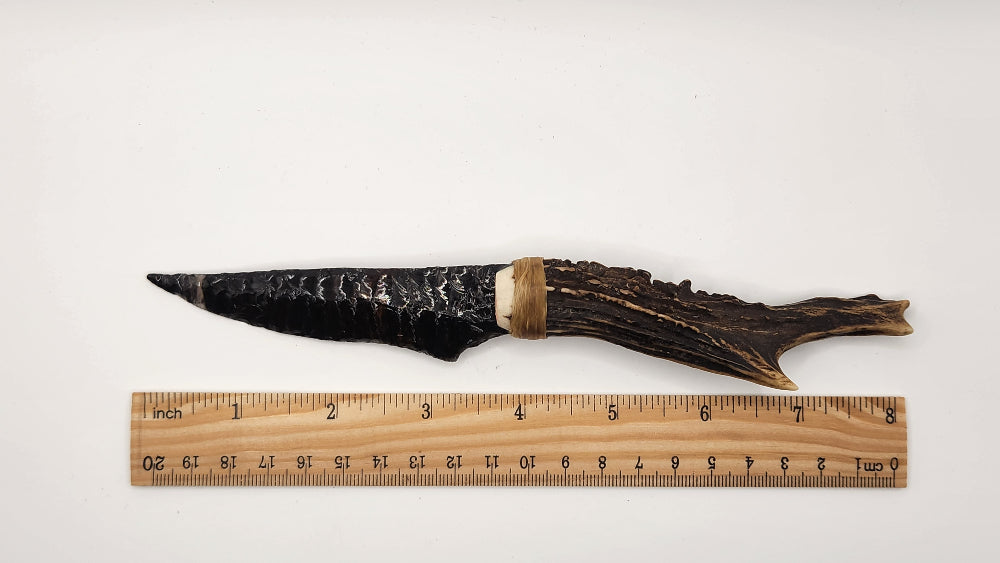 Black Transparent Obsidian Stone Knife +Deer Antler