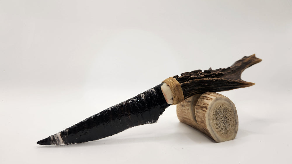Black Transparent Obsidian Stone Knife +Deer Antler