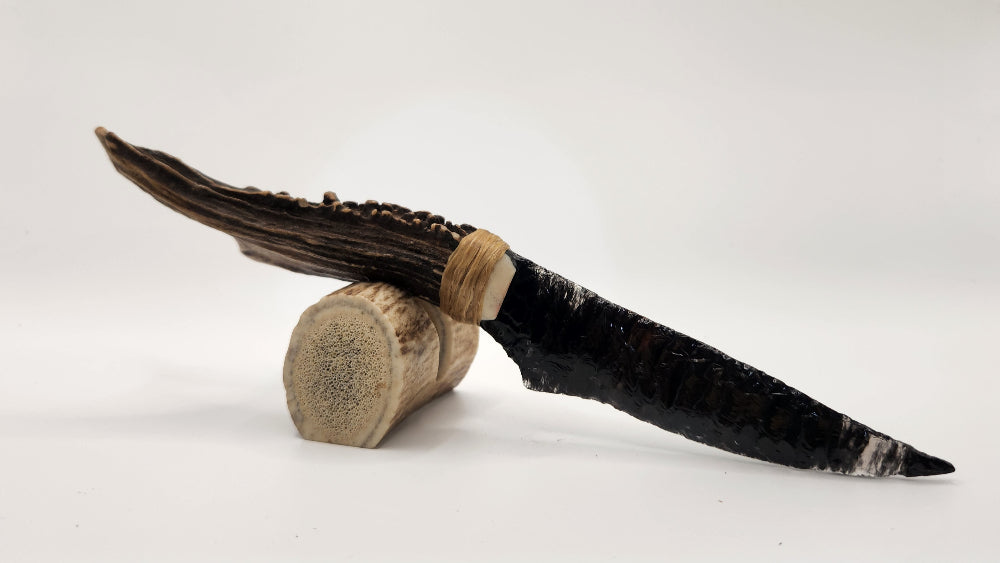 Black Transparent Obsidian Stone Knife +Deer Antler