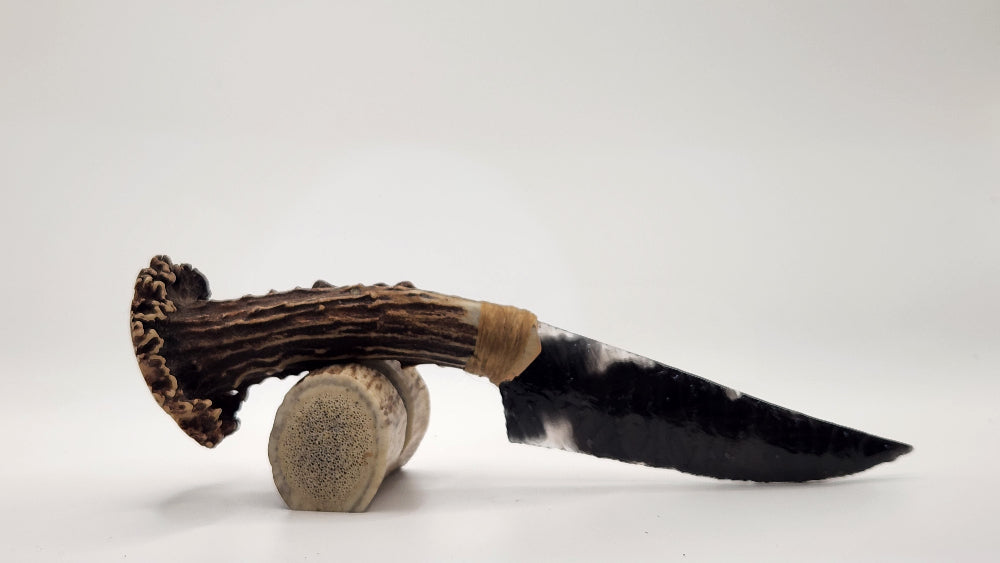 Black Transparent Obsidian Stone Knife +Deer Antler