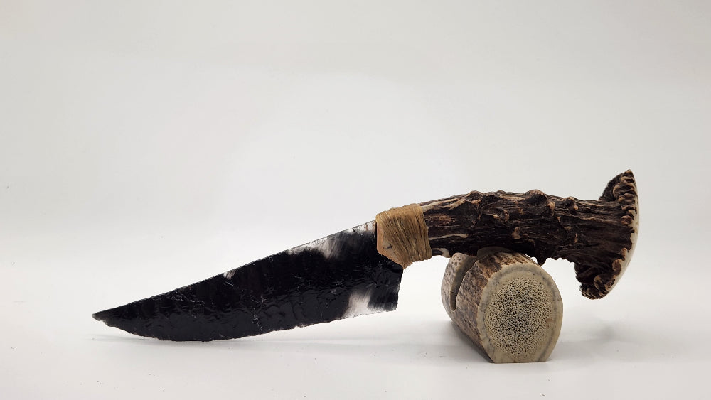 Black Transparent Obsidian Stone Knife +Deer Antler